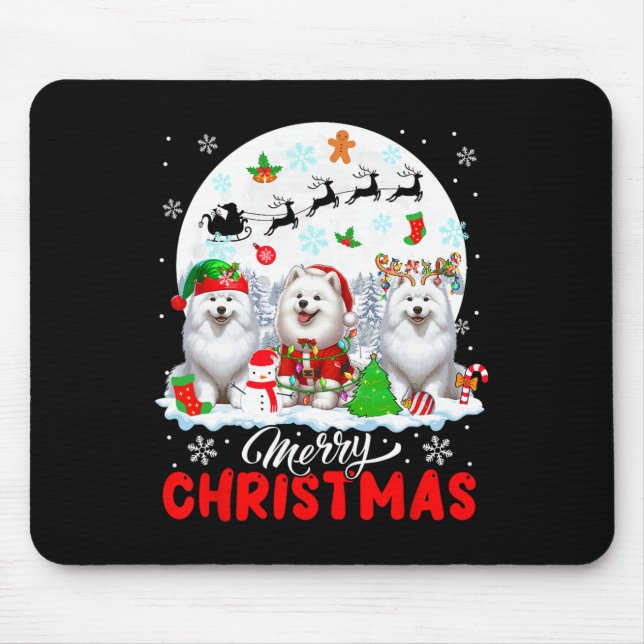 Mousepad Feliz Natal Três Papais noeis Elf Reindeer Samoyed (Frente)