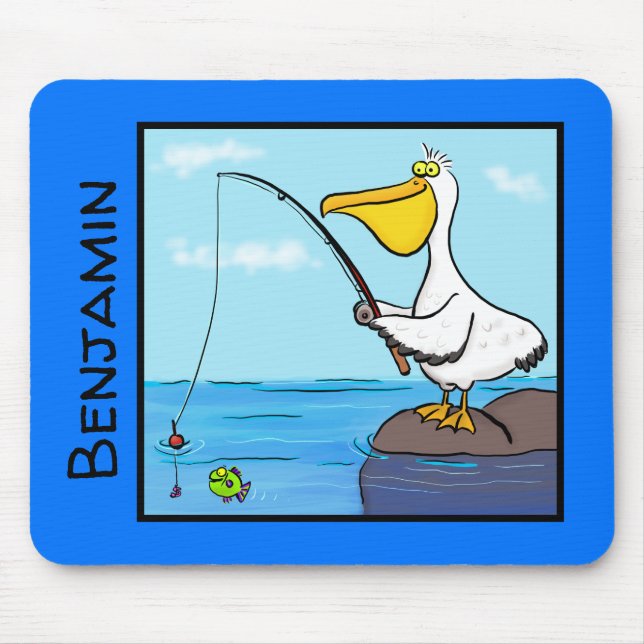 Mousepad Feliz pelicano com cartoon de vara de pesca (Frente)
