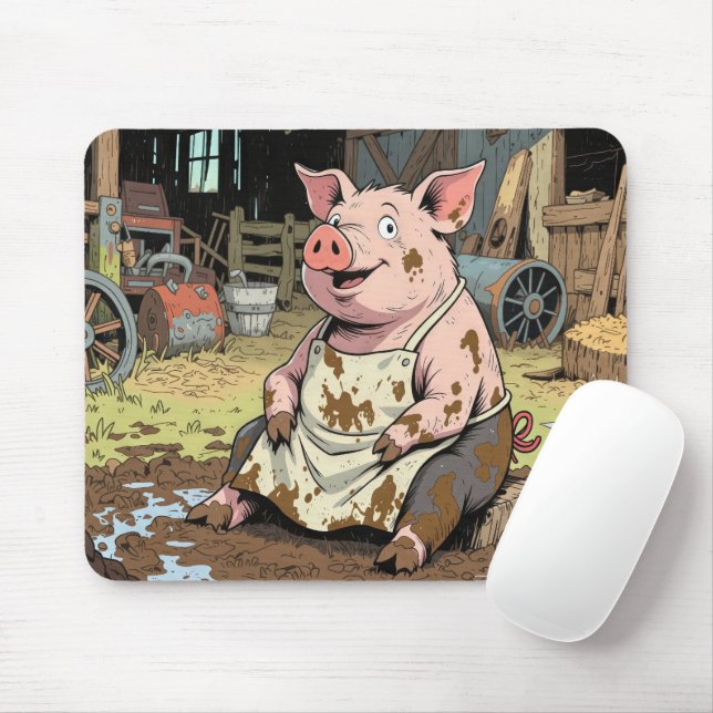 Mousepad Feliz Porco de Cartoon em uma Fazenda (Com mouse)