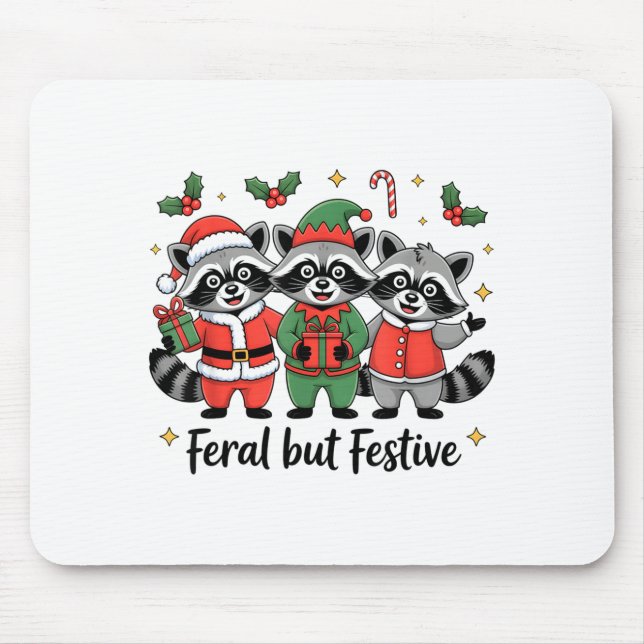 Mousepad Feral But Festive Funny Christmas Cute Raccoon Elf (Frente)