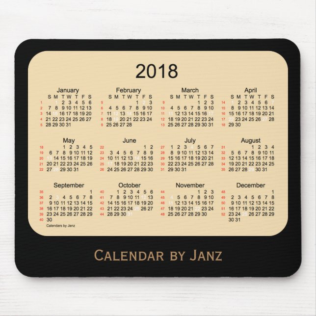 Mousepad Feriado 2018 calendário preto do trigo de 52 (Frente)