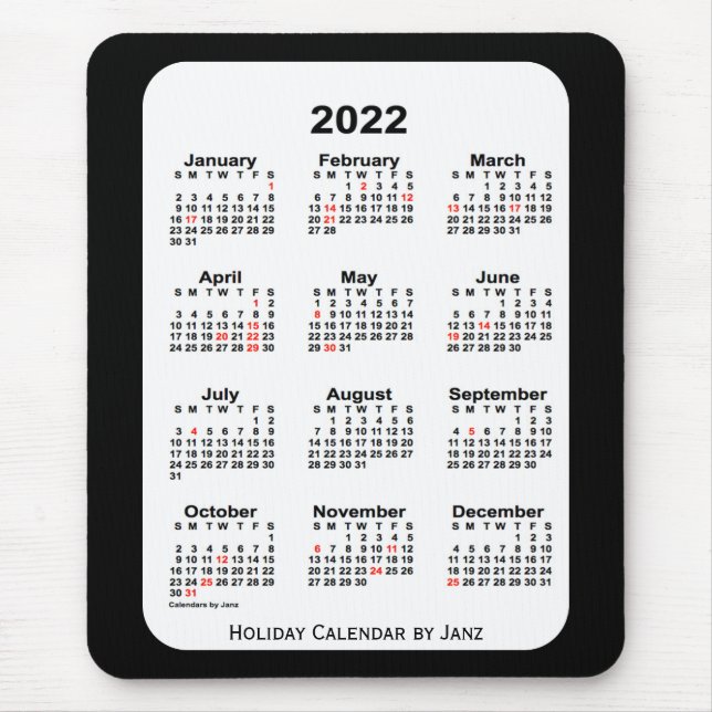 Mousepad Feriado 2022 Calendário preto de dois tons por Jan (Frente)