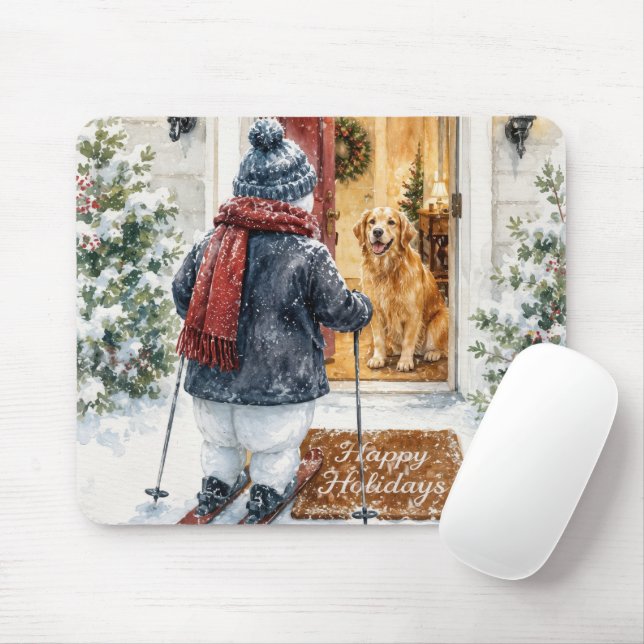 Mousepad Férias Felizes Boneco de Neve de Esqui (Com mouse)