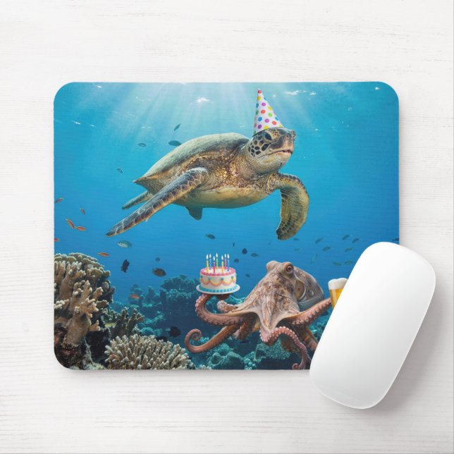 Mousepad Festa de Aniversário de Tartaruga Marinha com Polv (Com mouse)