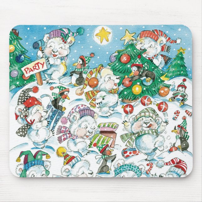 Mousepad Festa de Natal de Urso Polar e Pinguim de Desenho  (Frente)