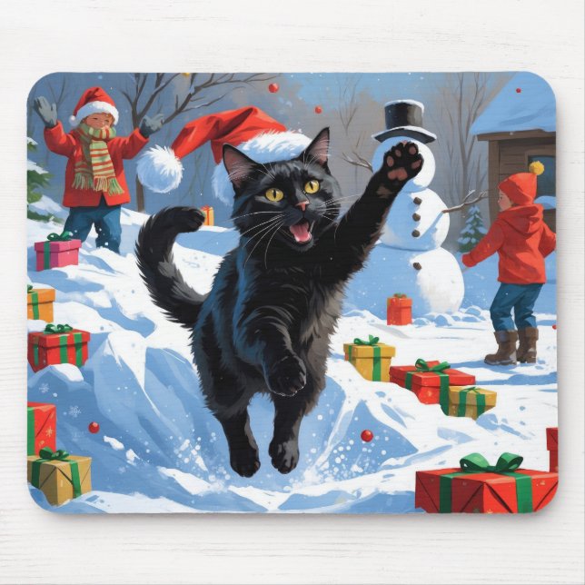 Mousepad Festa de Natal do Gato Preto Cena de Neve (Frente)