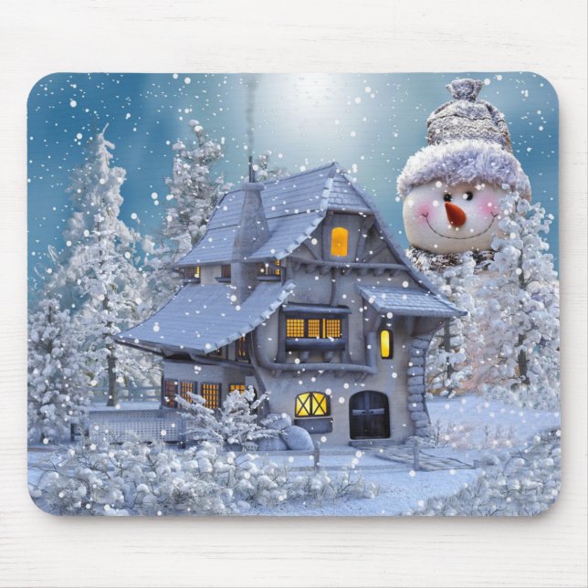 Mousepad Festa de Natal Inverno Branco Boneco de Neve Azul (Frente)