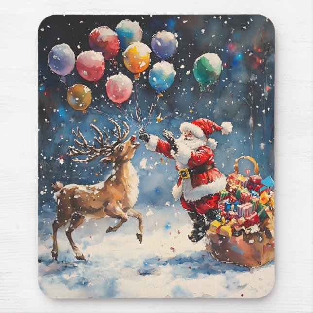 Mousepad Festive Watercolor Santa Reindeer Colorful Balloon (Frente)