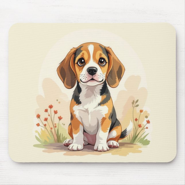 Mousepad Filhote de Beagle Tricolor Preto, Marrom e Branco  (Frente)