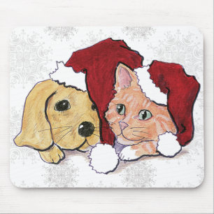 Mousepad Filhote de Labrador de Natal Fofo e Gato Tabby Lar