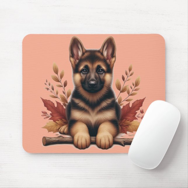 Mousepad Filhote de Pastor Alemão com Folhas de Outono (Com mouse)