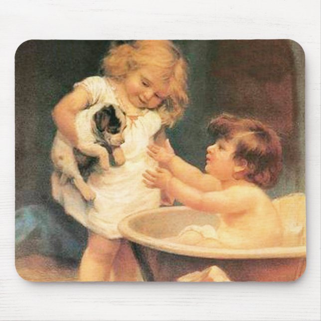 Mousepad Filhote Tomando Banho Antigo Vintage (Frente)