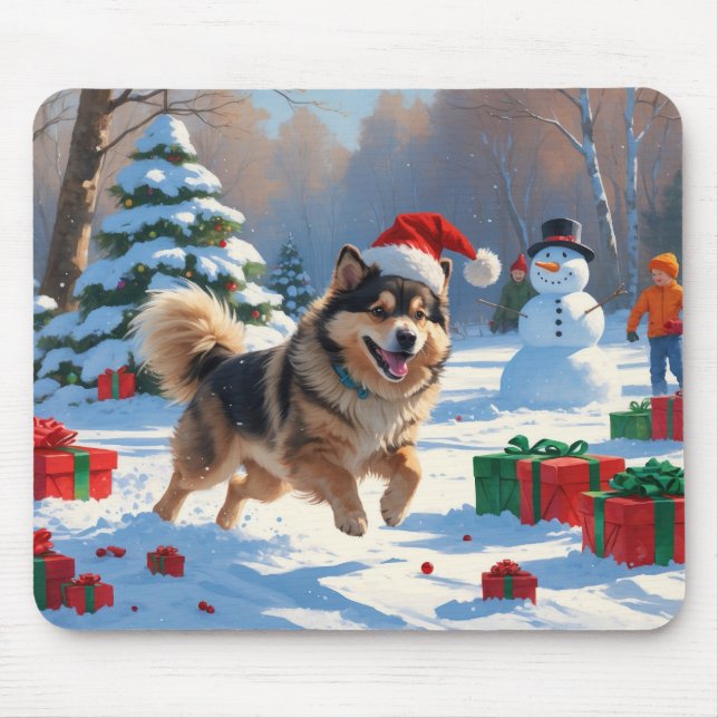 Mousepad Finnish Lapphund Correndo na Neve com Chapéu de Na (Frente)