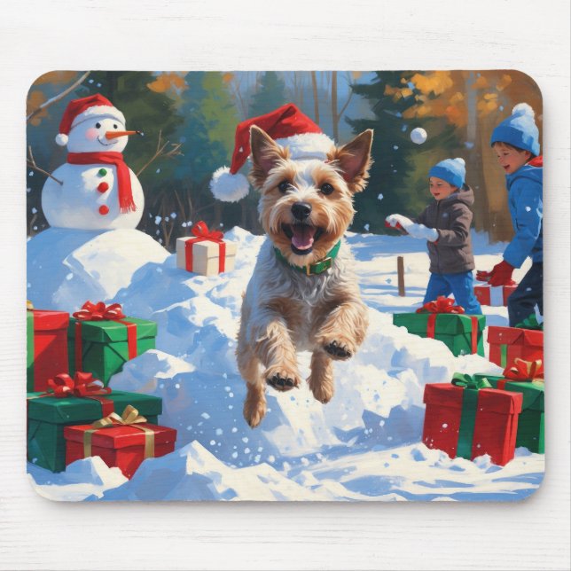 Mousepad Fio Fox Terrier nevando com chapéu de Natal (Frente)