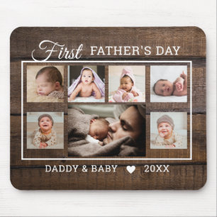 Mousepad First Father's Day 7 Photo Collage Dark Barnwood  