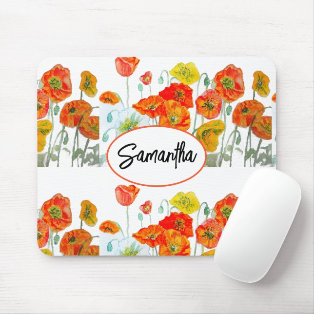 Mousepad Fita Flor de Aquarela Laranja Vermelha Papoula (Com mouse)