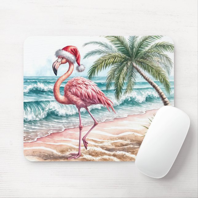 Mousepad Flamingo de Natal em uma praia (Com mouse)
