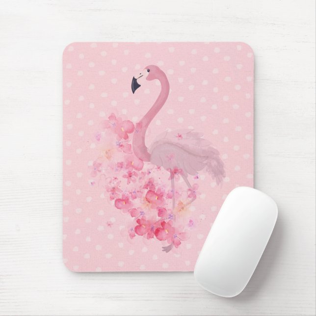 Mousepad Flamingo Floral e pontos, cor-de-água rosa (Com mouse)