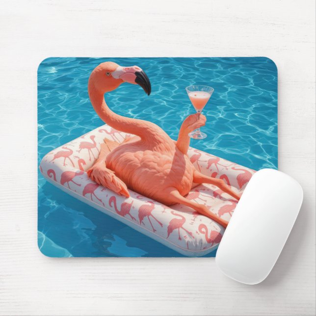 Mousepad Flamingo Flutuando Com um Coquetel em uma Piscina (Com mouse)