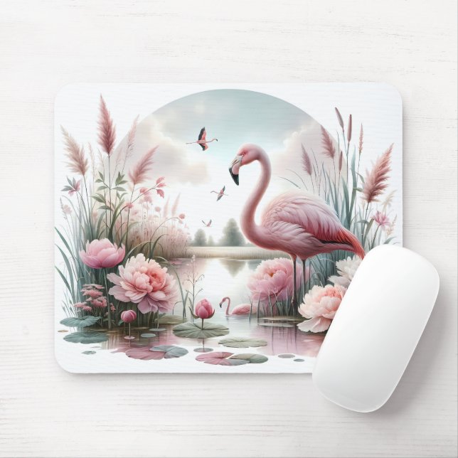 Mousepad Flamingo na cena floral de Pastel Pond (Com mouse)