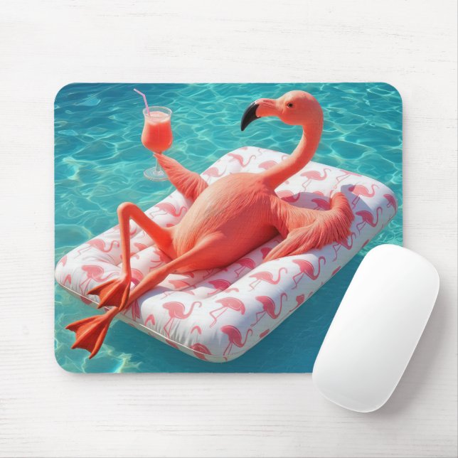 Mousepad Flamingo Relaxando em um Colchão de Piscina (Com mouse)
