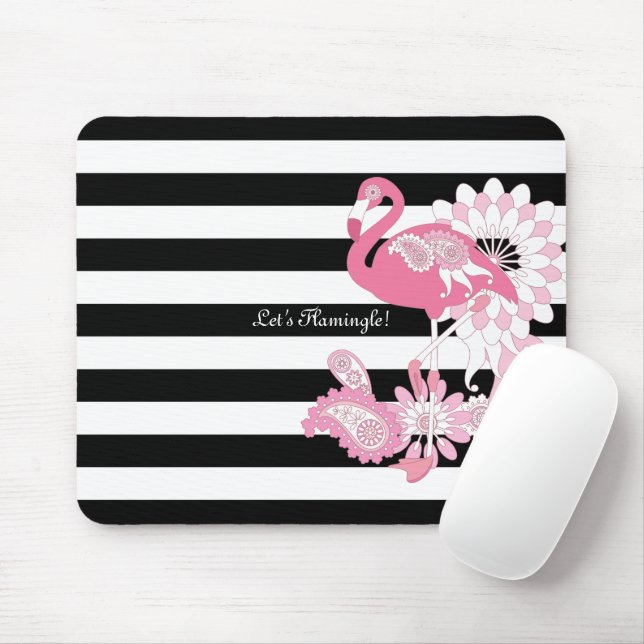 Mousepad Flamingo Rosa Caprichoso Listras Pretas e Brancas (Com mouse)