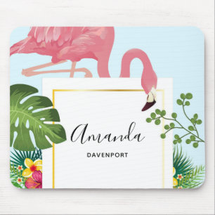 Mousepad Flamingo Rosa na moda e Folhas Tropicais