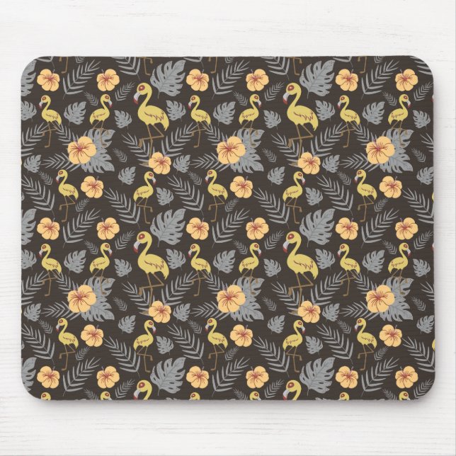 Mousepad Flamingo sem costura, com flores e folhas (Frente)