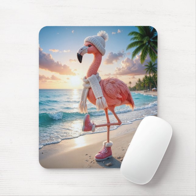 Mousepad Flamingo Wearing Winter Boots and Scarf (Com mouse)