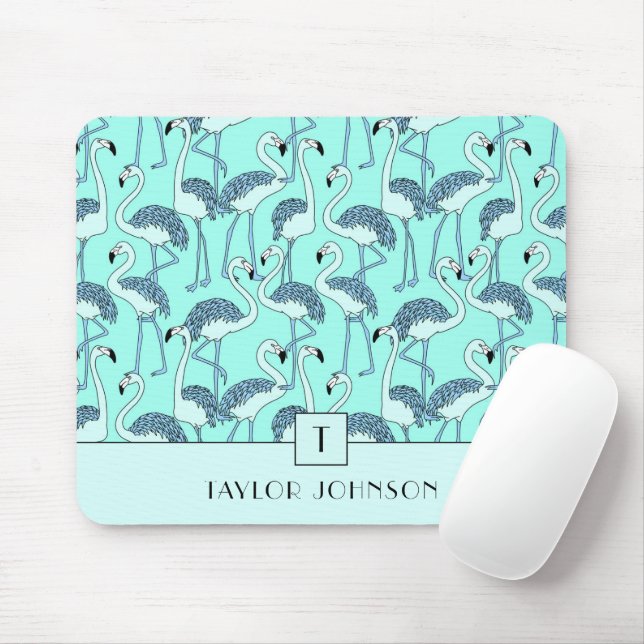 Mousepad Flamingos Azuis Modernos Monogramas (Com mouse)