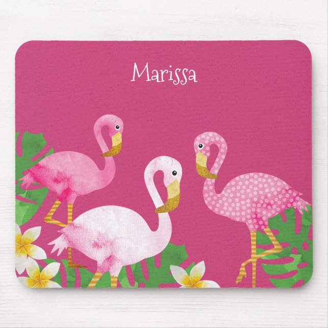 Mousepad Flamingos cor-de-rosa tropicais no rosa (Frente)