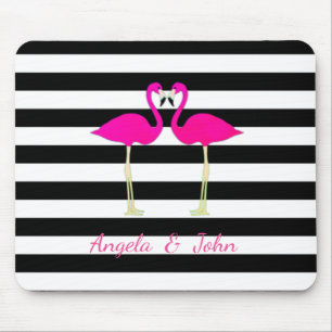 Mousepad Flamingos Rosa, Listras Pretas e Brancas Personali