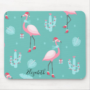 Mousepad Flamingos Santa Hat apresenta flocos de neve