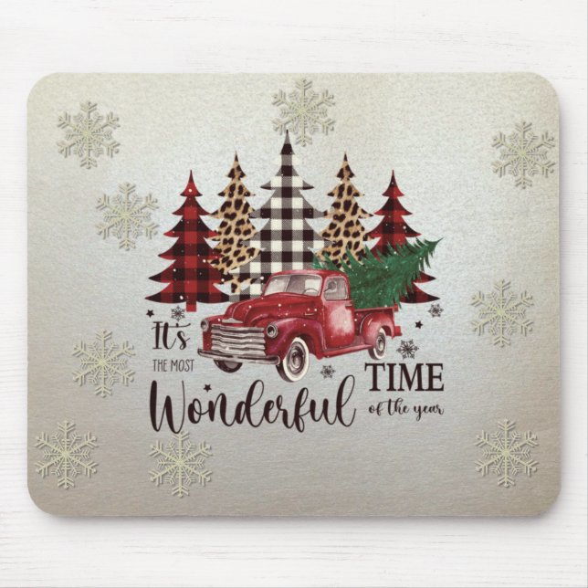 Mousepad Flocos de neve,Caminhão Vermelho Árvore de Pinheir (Frente)