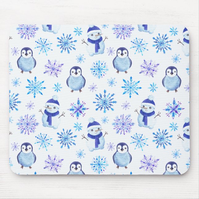 Mousepad Flocos de neve de Natal, Snowmen e Pinguins (Frente)