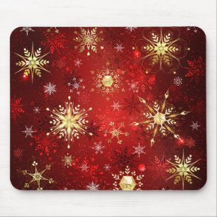 Mousepad Flocos de neve do Ouro de Natal em Fundo Vermelho