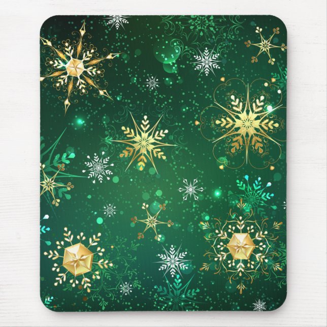 Mousepad Flocos de neve do Ouro Xmas em fundo verde (Frente)