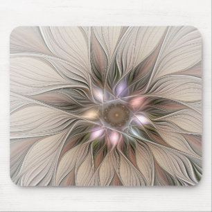 Mousepad Flor Abstrata Alegre Bege Marrom Fractal Floral
