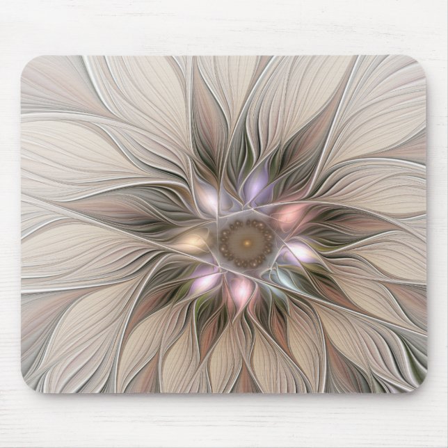 Mousepad Flor Abstrata Alegre Bege Marrom Fractal Floral (Frente)