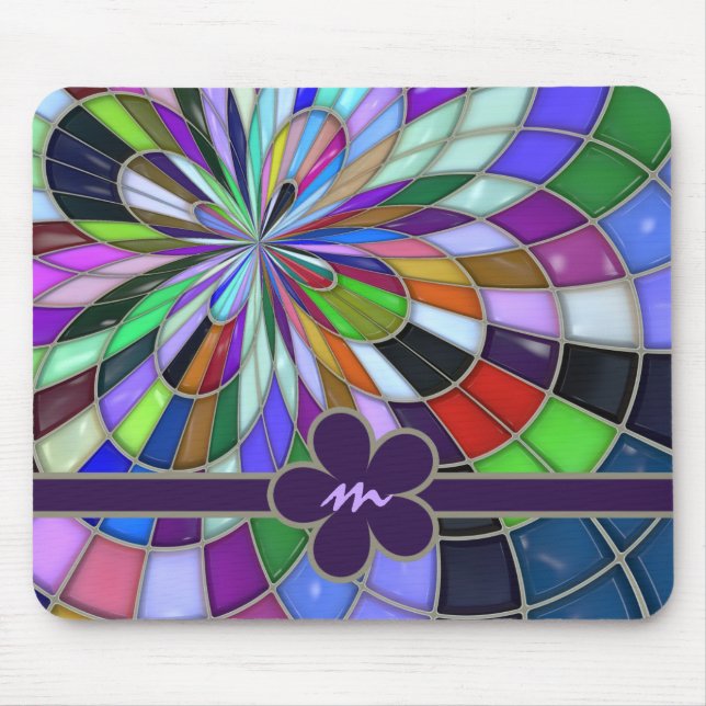 Mousepad Flor abstrata colorida Monogrammed do vitral (Frente)