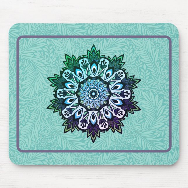 Mousepad Flor Azul Aqua Verde Mandala Boho (Frente)