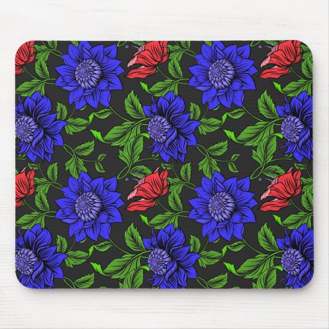 Mousepad Flor Azul e Vermelha Elegante Fundo Preto (Frente)