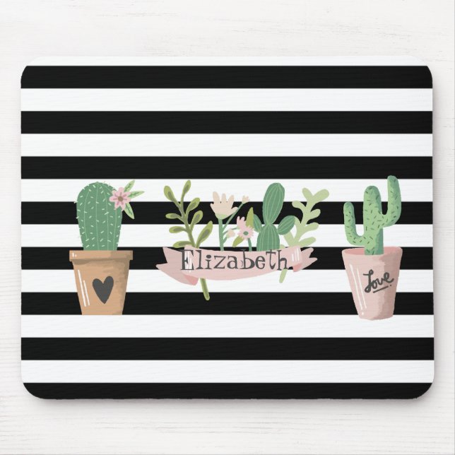 Mousepad Flor Cactus - Stripes Brancas Pretas (Frente)