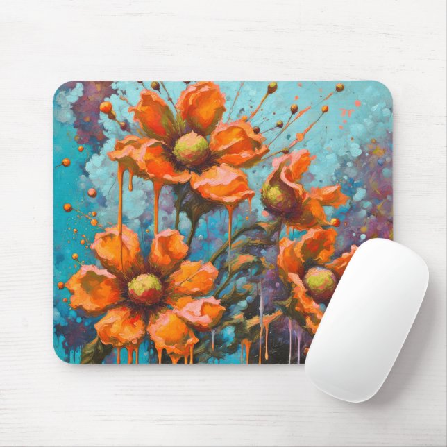 Mousepad Flor de Abstrato laranja com pinos de pintura (Com mouse)