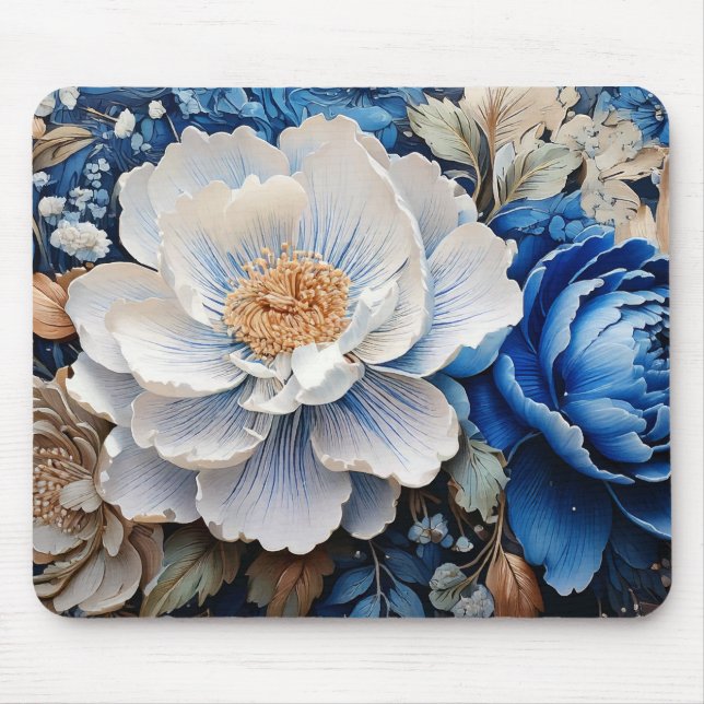 Mousepad Flor de Aquarelas em Flores Azuis e Brancas, (Frente)