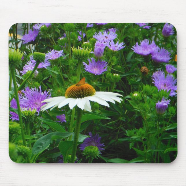 Mousepad Flor de Cone branca, flores roxas e mariposas (Frente)