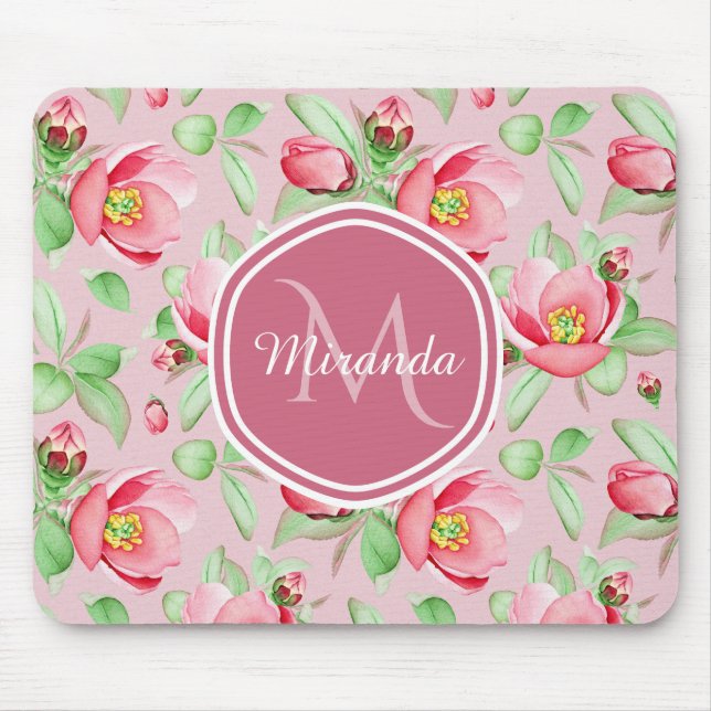 Mousepad Flor De Flor De Maçã Rosa, Suave, Com Monograma (Frente)