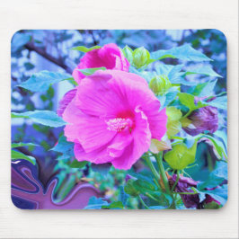 Mousepad Flor de Hibisco Rosa Elegante com Folhagem de Aqua