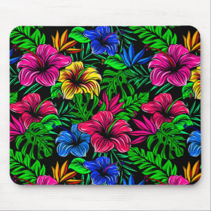 Mousepad Flor de Hibisco Vermelho Azul, Tropical Elegante