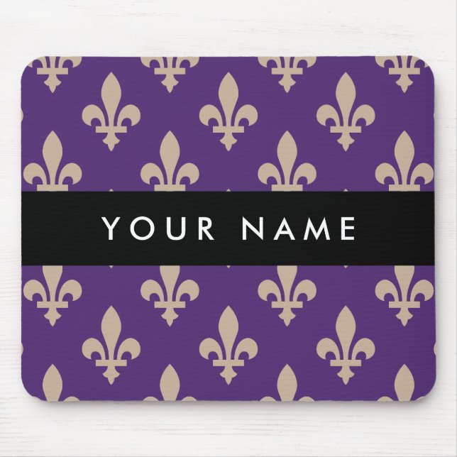 Mousepad Flor de Lis, Bege sobre Roxo, Real, Seu Nome (Frente)
